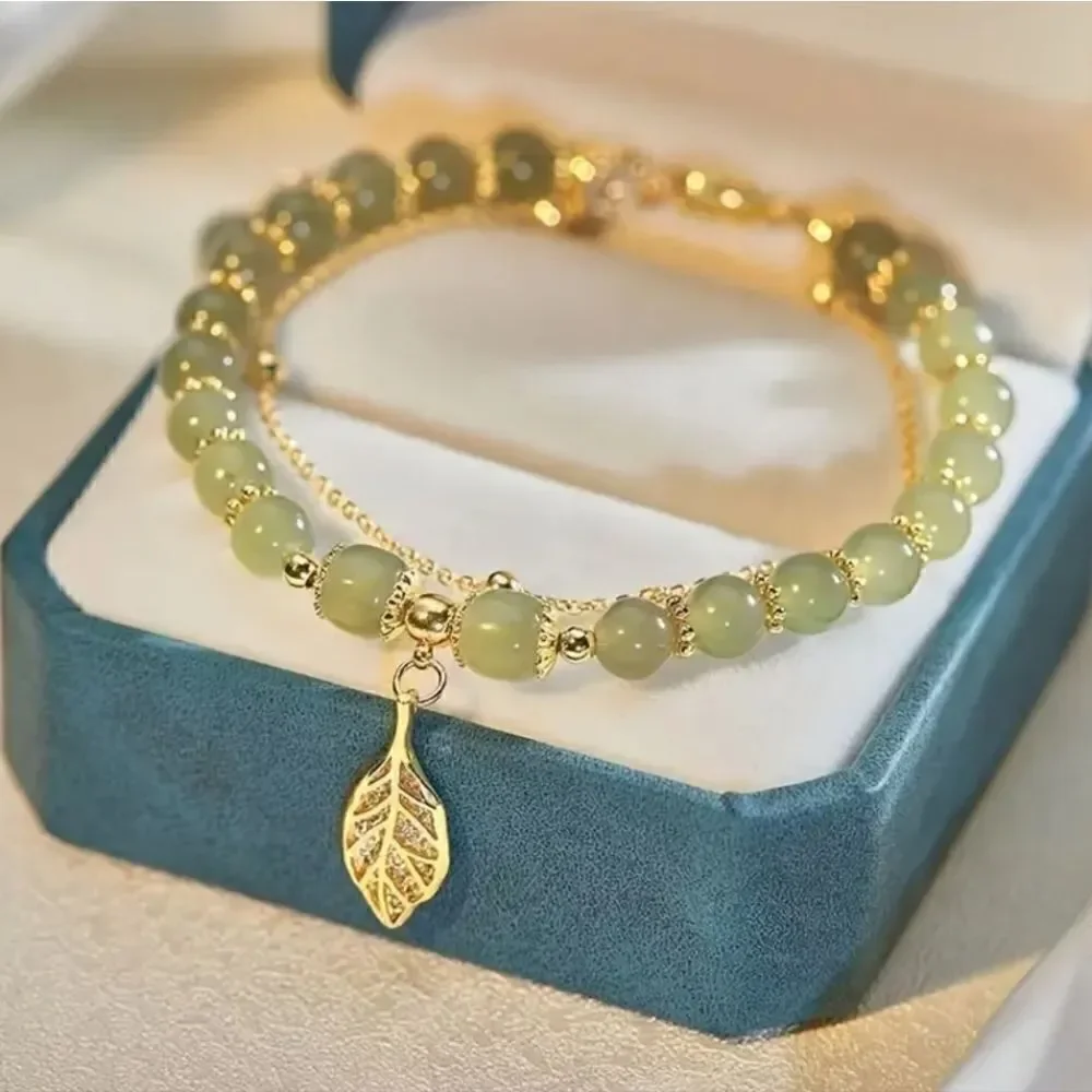 Double-Layer Green Jade Beaded Bracelet with Sparkling Golden Leaf Charm